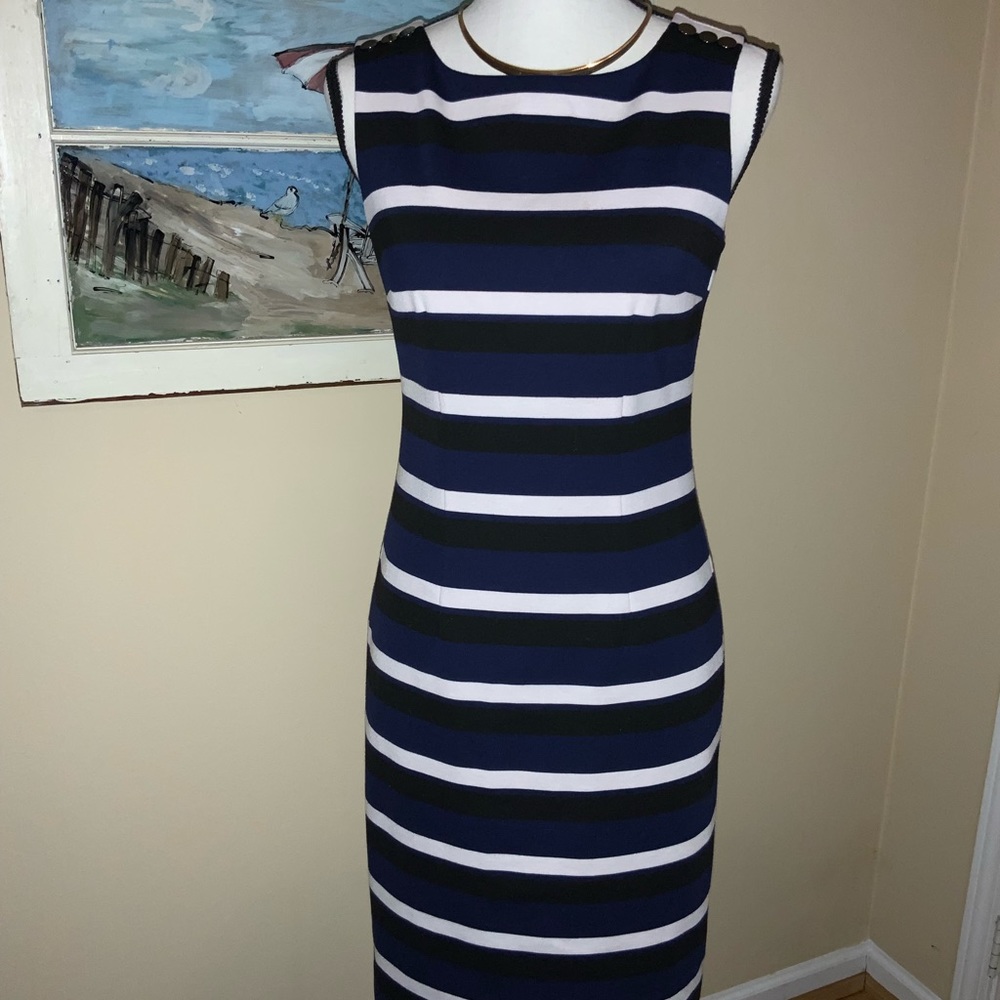 💚 BLUE AND BLACK STRIPED SHEATH STRIPPED DRESS